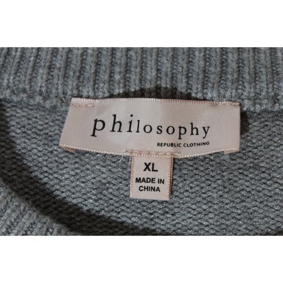 Philosophy Gray White Striped Knit Sweater Women's XL Crewneck Ribbed Ham Cuffs - Picture 3 of 10